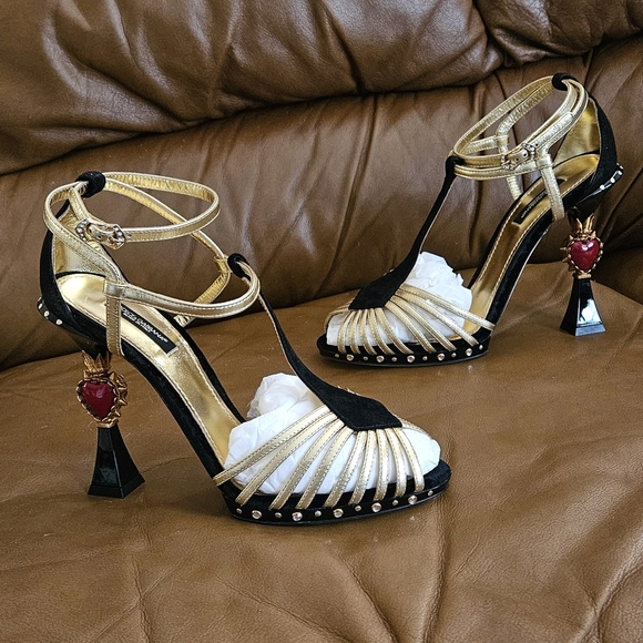 Dolce & Gabbana Shoes - Dolce & Gabbana Black Suede Metallic Gold Leather Luxury Heels Size 8 US (MINT)